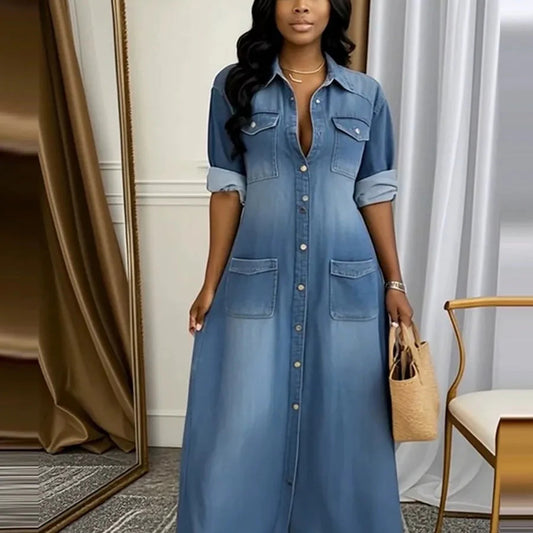 Dámske džínsové maxi šaty s gombíkmi