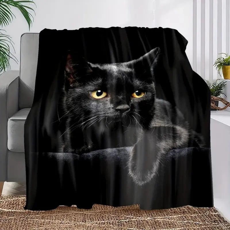 🔥 🔥🐾Flanelová deka s roztomilým potiskem černé kočky