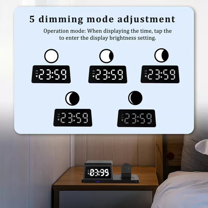 Bezdrôtová nabíjacia stanica 4 v 1 s rýchlonabíjaním a hodinami