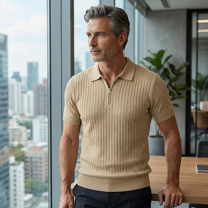 2026 Pánska košeľa s krátkymi rukávmi, rebrovým golierom a zipsom – priedušná a pohodlná