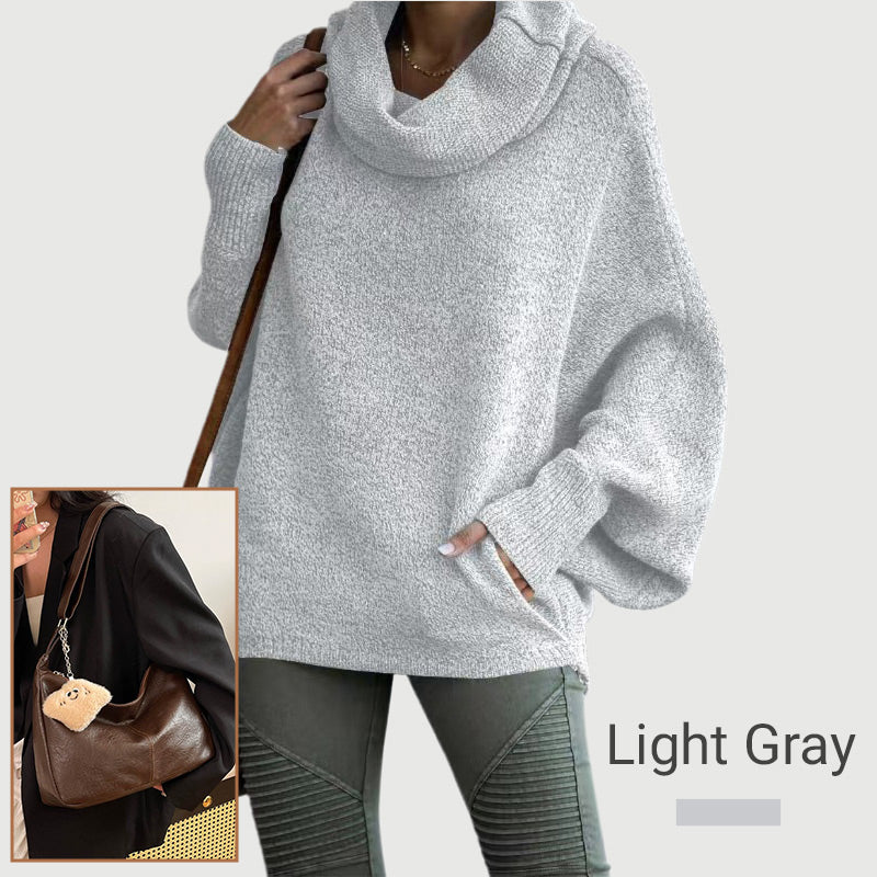 Dámsky sveter s kapucňovým výstrihom v tvare netopiera a vreckami