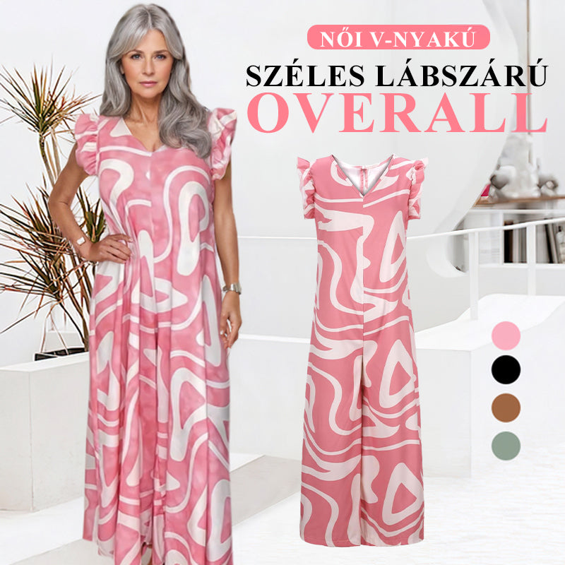 🌸 Női Geometrikus Mintás V-nyakú Széles Lábszárú Overall