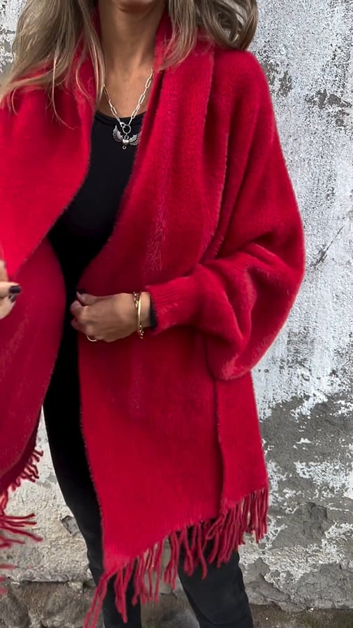 Dámsky teplý zimný kabát s dlhým rukávom a strapcami