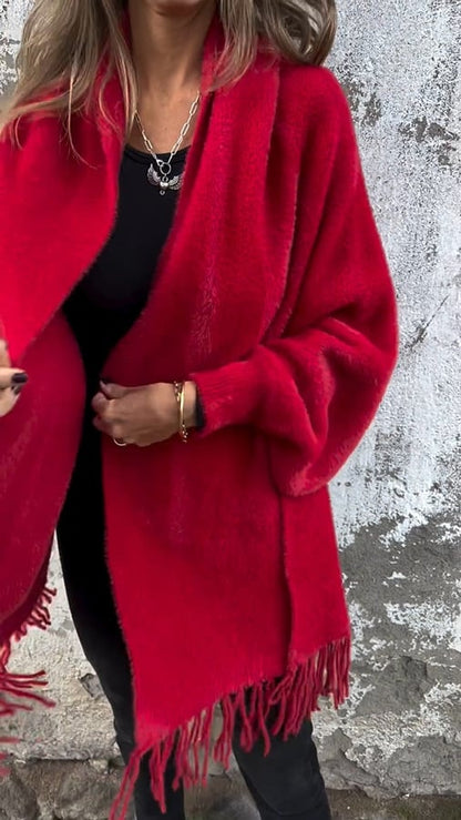 Dámsky teplý zimný kabát s dlhým rukávom a strapcami