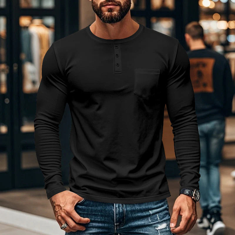 Pánske tričko s dlhým rukávom - priedušný polyester, zapínanie na gombíky, náprsné vrecko, pohodlný strih, ľahká údržba, každodenný štýl
