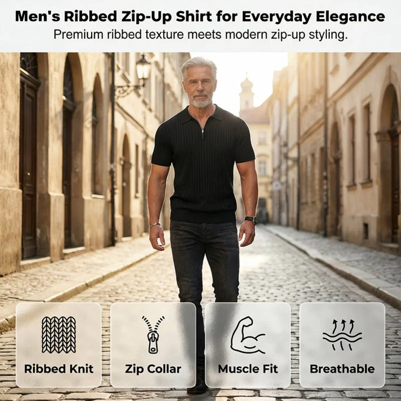 2026 Pánska košeľa s krátkymi rukávmi, rebrovým golierom a zipsom – priedušná a pohodlná
