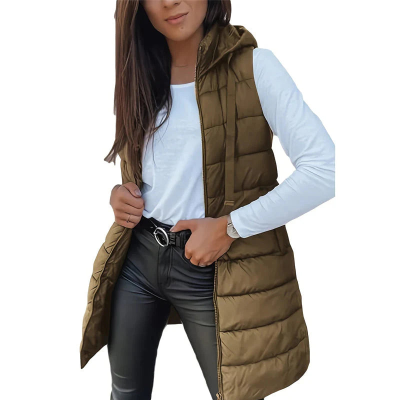 Dámska dlhá teplá hrubá prešívaná vesta na zips