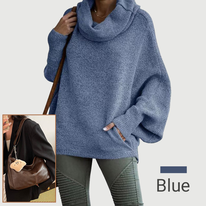 Dámsky sveter s kapucňovým výstrihom v tvare netopiera a vreckami