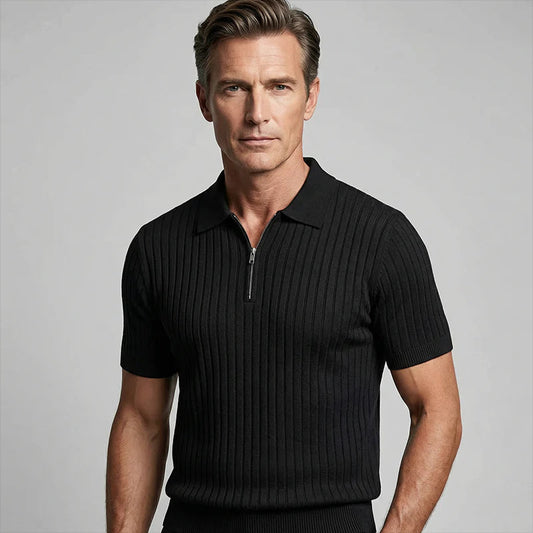 2026 Pánska košeľa s krátkymi rukávmi, rebrovým golierom a zipsom – priedušná a pohodlná