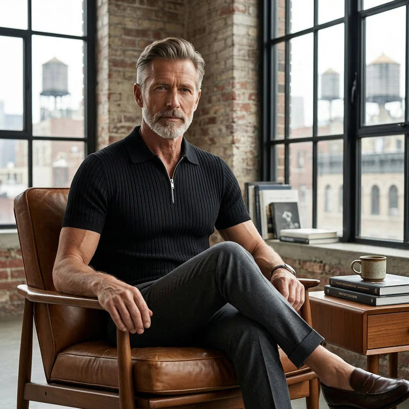 2026 Pánska košeľa s krátkymi rukávmi, rebrovým golierom a zipsom – priedušná a pohodlná