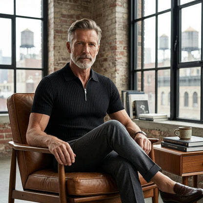 2026 Pánska košeľa s krátkymi rukávmi, rebrovým golierom a zipsom – priedušná a pohodlná