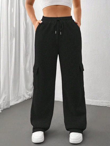 Módní univerzální jednobarevné tepláky s rovnými nohavicemi a širokými nohavicemi s bočními kapsami👖