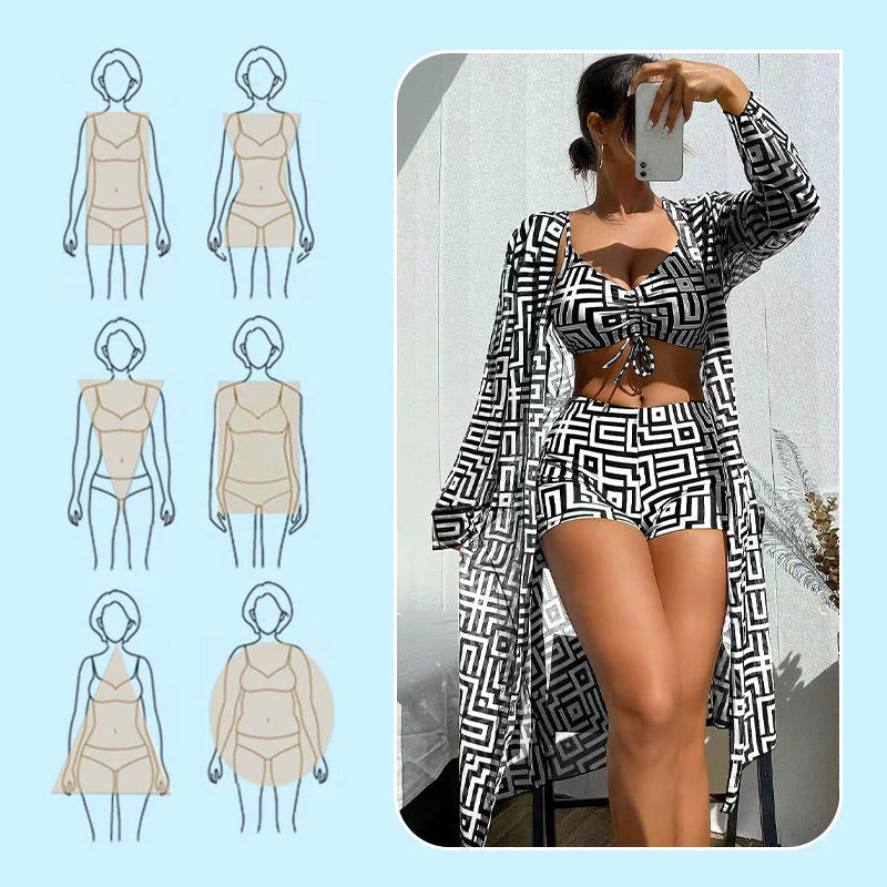 2026 Dámska 3-dielna plavková súprava s geometrickým vzorom