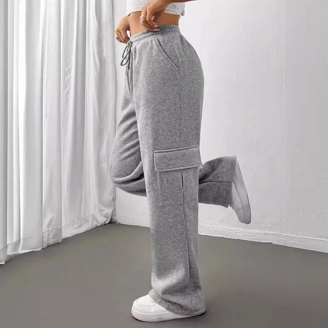 Módní univerzální jednobarevné tepláky s rovnými nohavicemi a širokými nohavicemi s bočními kapsami👖
