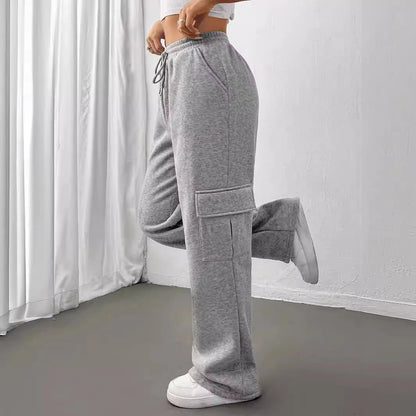 Módní univerzální jednobarevné tepláky s rovnými nohavicemi a širokými nohavicemi s bočními kapsami👖