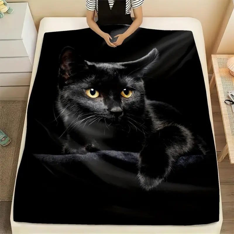 🔥 🔥🐾Flanelová deka s roztomilým potiskem černé kočky