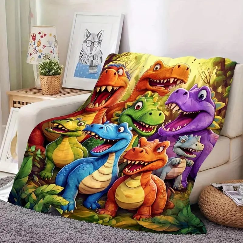 🔥🔥Špeciálna ponuka - 49% ZĽAVA☁ Mäkká a zábavná deka s roztomilým vzorom usmievavého dinosaura, digitálna potlač s vysokým rozlíšením, flanelový materiál.