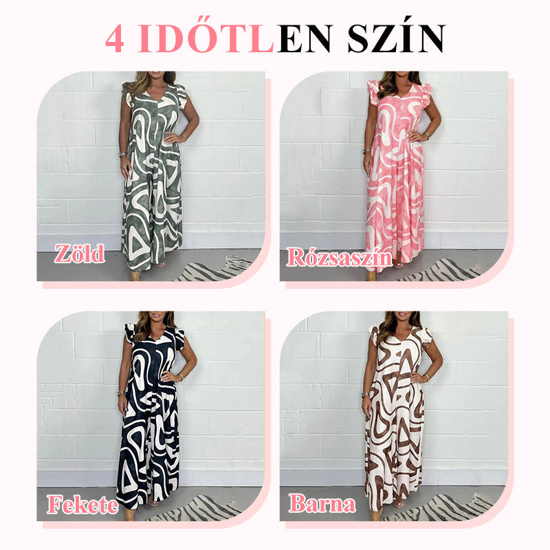 🌸 Női Geometrikus Mintás V-nyakú Széles Lábszárú Overall