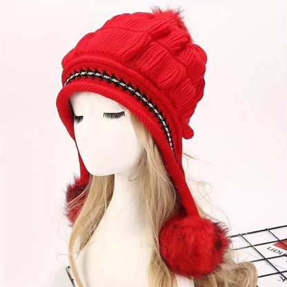 🧢Zimní dámská teplá pletená čepice s klapkou na uši a vlnou🧣