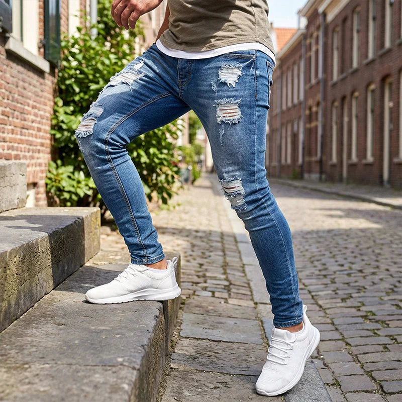 🔥Štýlové pánske skinny džínsy s efektom opotrebovania