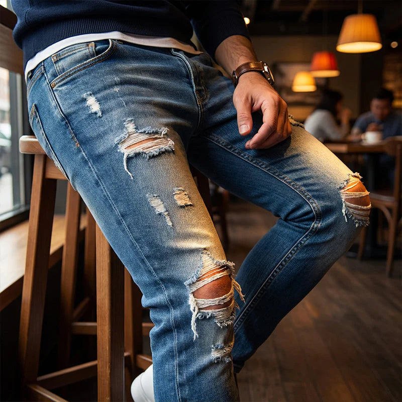 🔥Štýlové pánske skinny džínsy s efektom opotrebovania