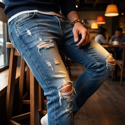 🔥Štýlové pánske skinny džínsy s efektom opotrebovania