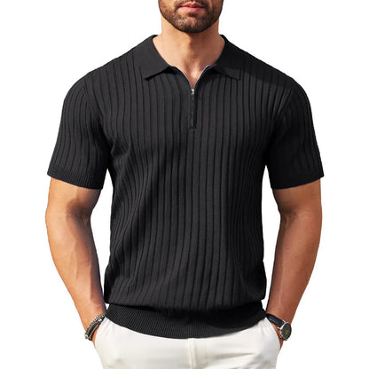 2026 Pánska košeľa s krátkymi rukávmi, rebrovým golierom a zipsom – priedušná a pohodlná