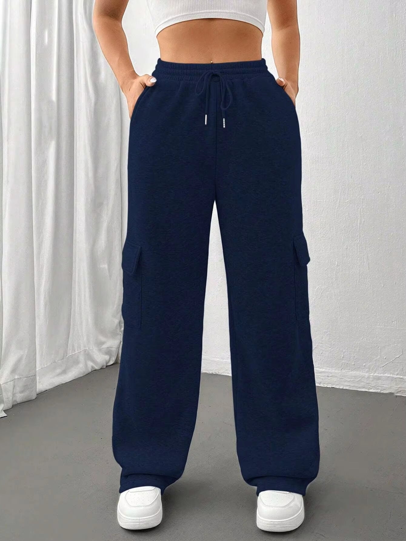 Módní univerzální jednobarevné tepláky s rovnými nohavicemi a širokými nohavicemi s bočními kapsami👖