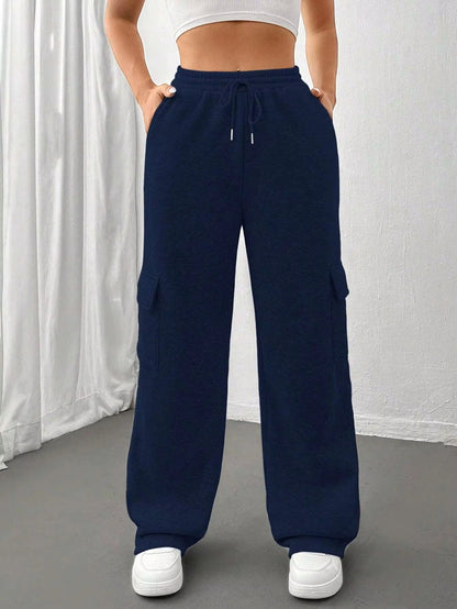 Módní univerzální jednobarevné tepláky s rovnými nohavicemi a širokými nohavicemi s bočními kapsami👖