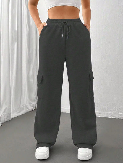 Módní univerzální jednobarevné tepláky s rovnými nohavicemi a širokými nohavicemi s bočními kapsami👖
