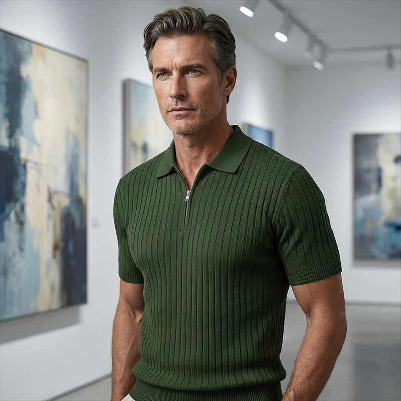 2026 Pánska košeľa s krátkymi rukávmi, rebrovým golierom a zipsom – priedušná a pohodlná