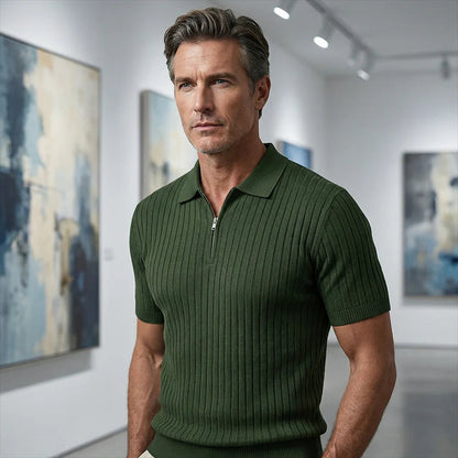 2026 Pánska košeľa s krátkymi rukávmi, rebrovým golierom a zipsom – priedušná a pohodlná