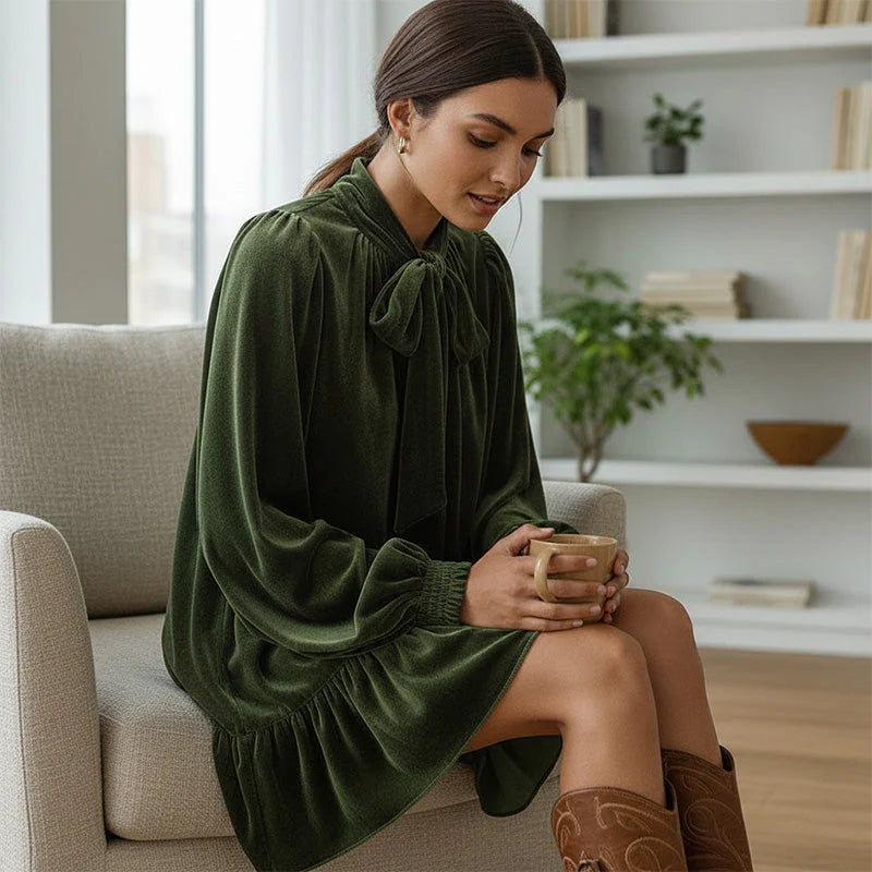 Dámské sametové šaty s vázacím výstřihem a volánkovým lemem