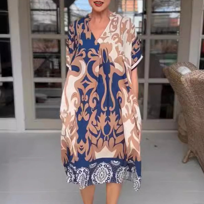 👗Nyomtatott V nyakú laza midi ruha