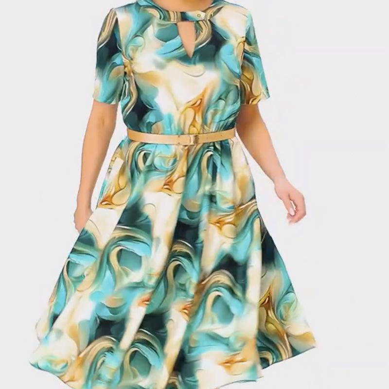 👗Női elegáns divatos nyomtatás rövid ujjú ruha övvel