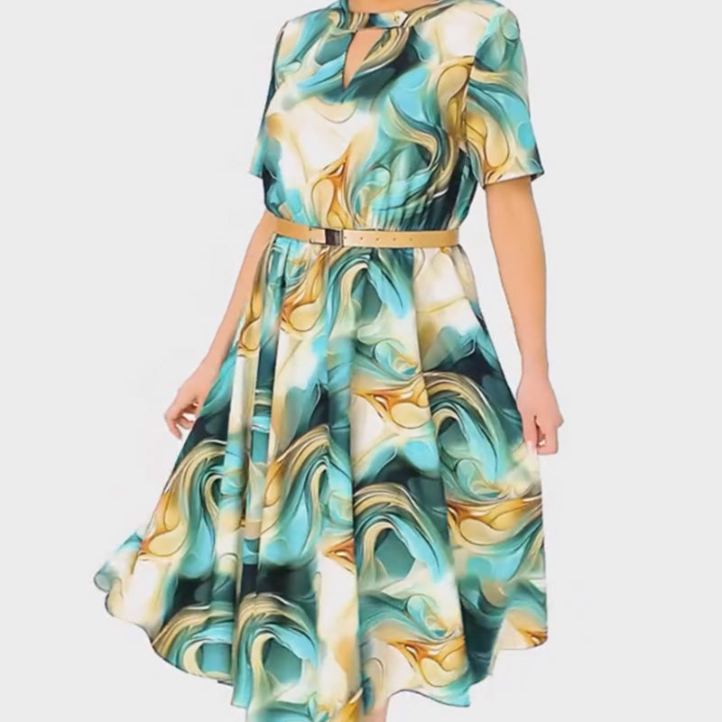 👗Női elegáns divatos nyomtatás rövid ujjú ruha övvel