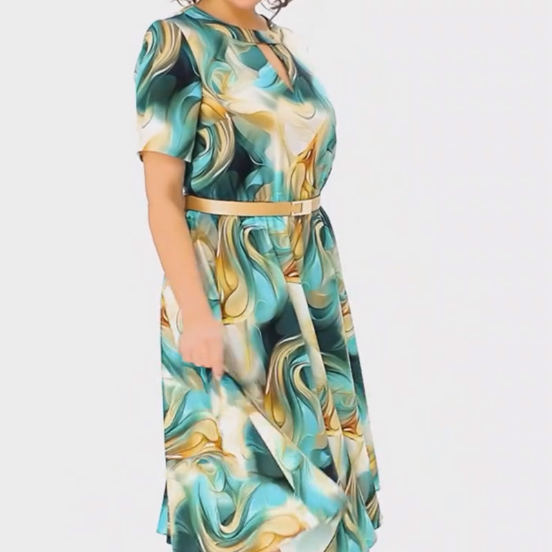 👗Női elegáns divatos nyomtatás rövid ujjú ruha övvel