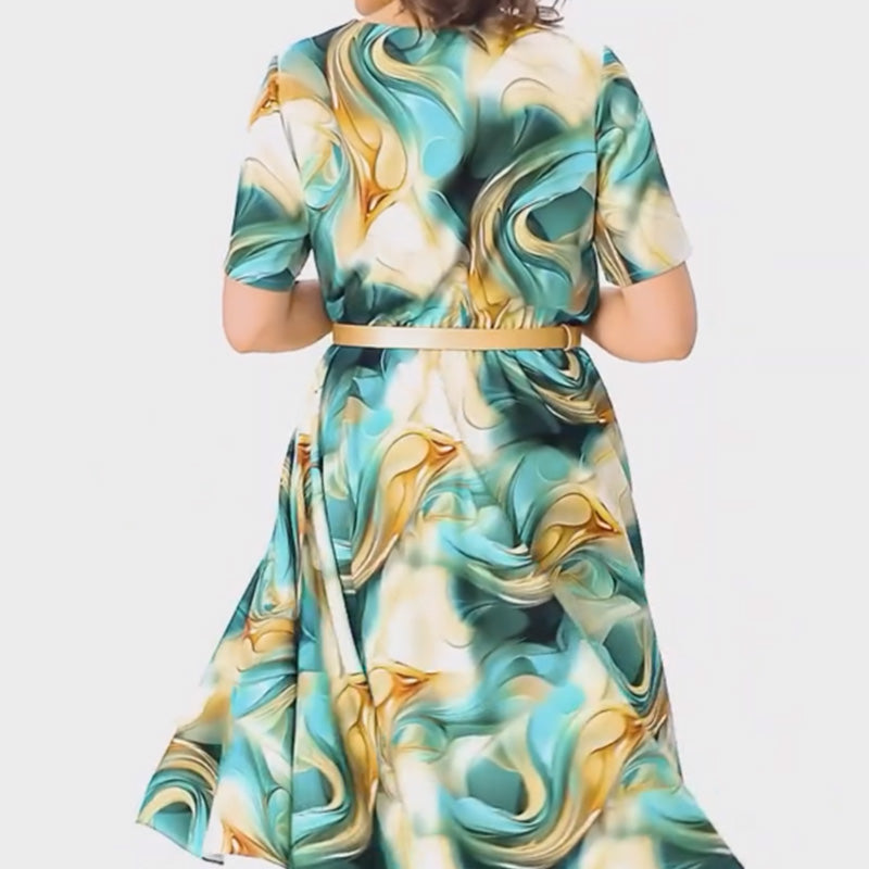 👗Női elegáns divatos nyomtatás rövid ujjú ruha övvel