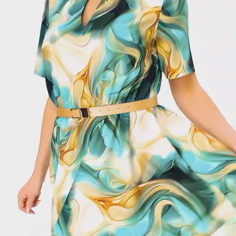 👗Női elegáns divatos nyomtatás rövid ujjú ruha övvel