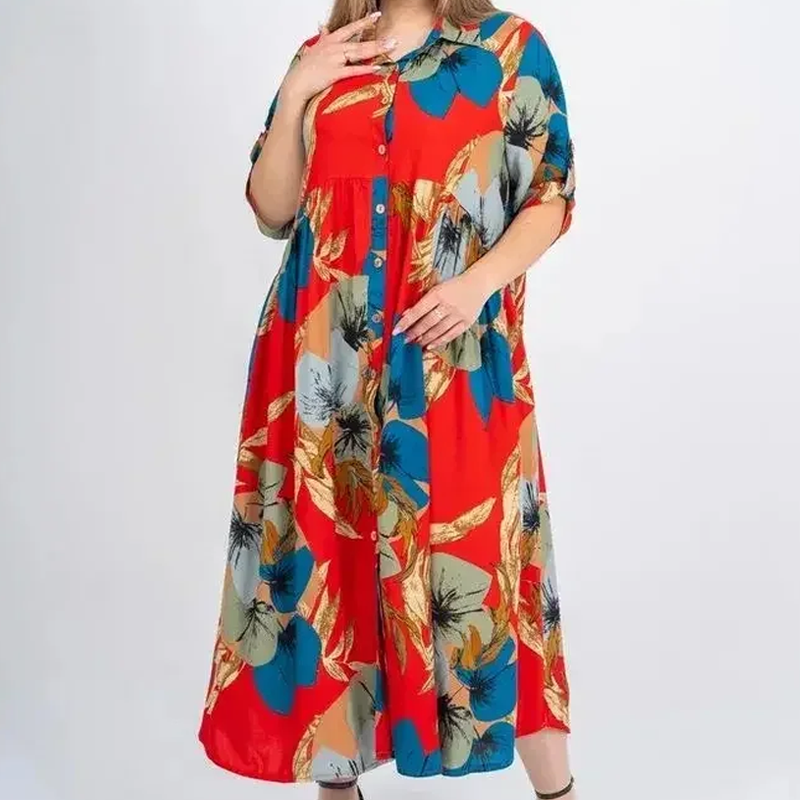 【2XL-4XL】🌺Női laza hajtókás nyomtatott gomb-down hosszú ruha