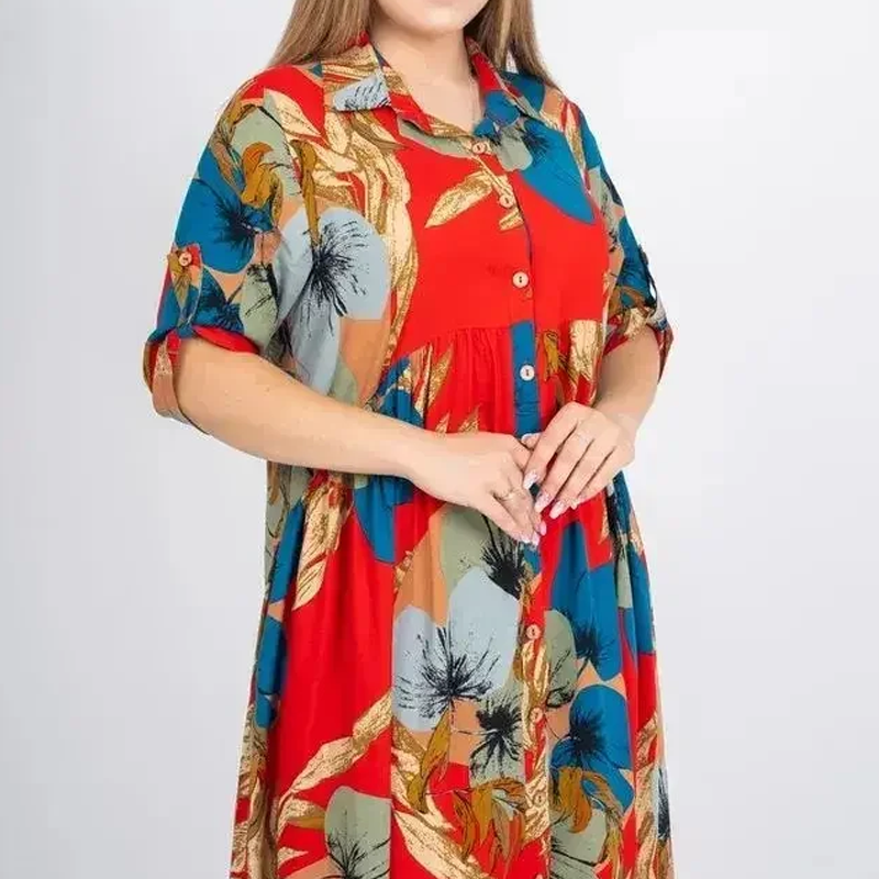 【2XL-4XL】🌺Női laza hajtókás nyomtatott gomb-down hosszú ruha