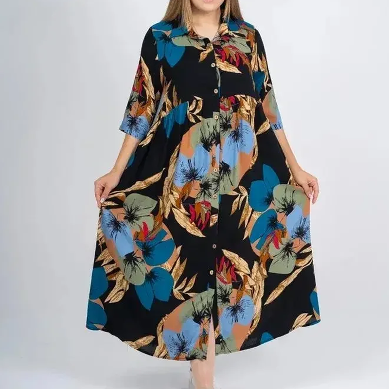 【2XL-4XL】🌺Női laza hajtókás nyomtatott gomb-down hosszú ruha
