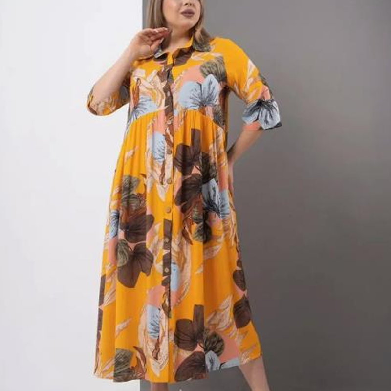 【2XL-4XL】🌺Női laza hajtókás nyomtatott gomb-down hosszú ruha