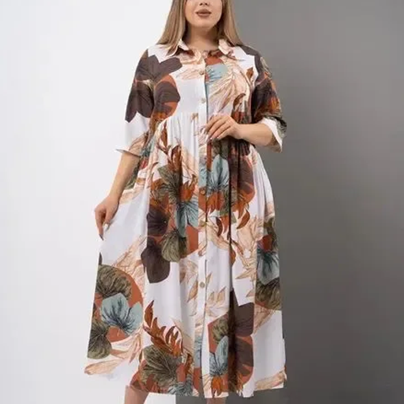【2XL-4XL】🌺Női laza hajtókás nyomtatott gomb-down hosszú ruha
