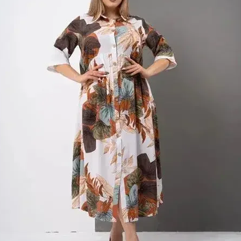 【2XL-4XL】🌺Női laza hajtókás nyomtatott gomb-down hosszú ruha