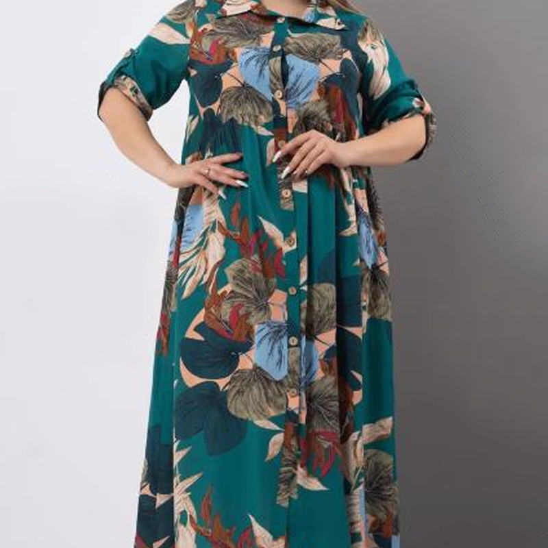 【2XL-4XL】🌺Női laza hajtókás nyomtatott gomb-down hosszú ruha