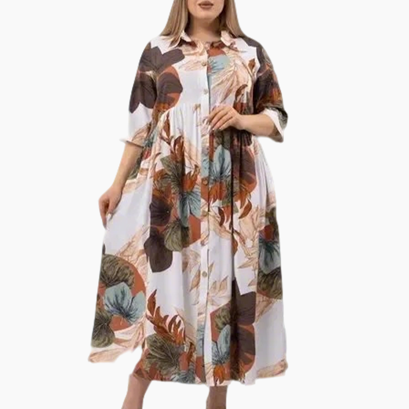 【2XL-4XL】🌺Női laza hajtókás nyomtatott gomb-down hosszú ruha