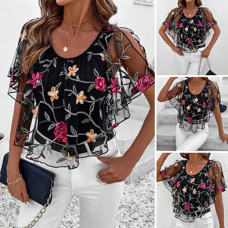 🌸 Női nyomtatott hálós patchwork felső