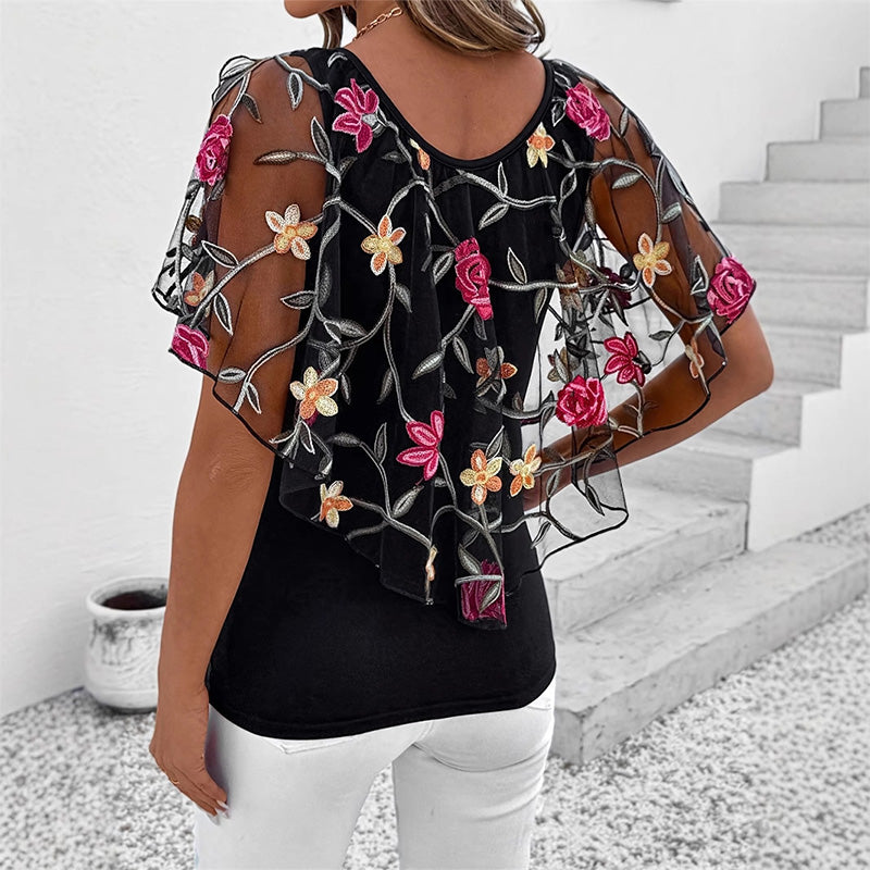 🌸 Női nyomtatott hálós patchwork felső