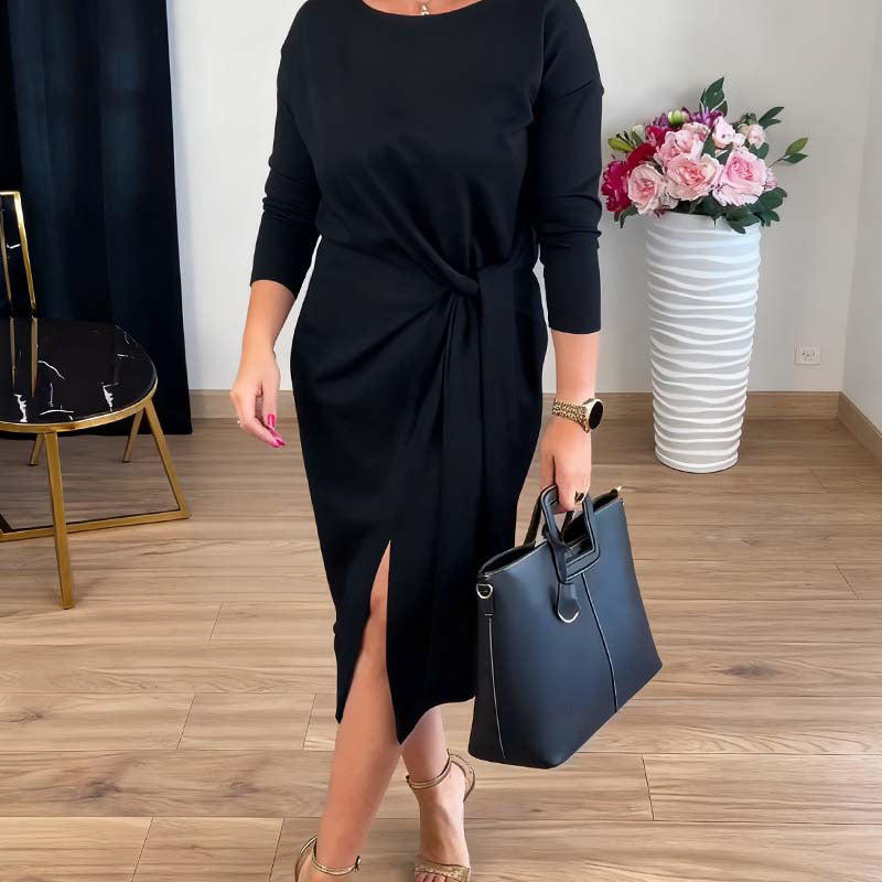 Elegantní midi šaty s předním uzlem a rozparkem pro ženy